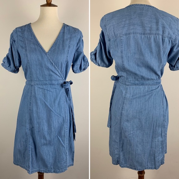 Madewell Denim Shirred-Sleeve Wrap Dress Chambray - Picture 3 of 8